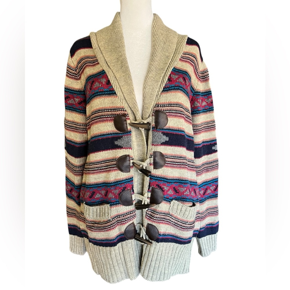 Aztec Geometric Stripes Oatmeal Knit Cardigan Sweater Women’s L Funky Academic